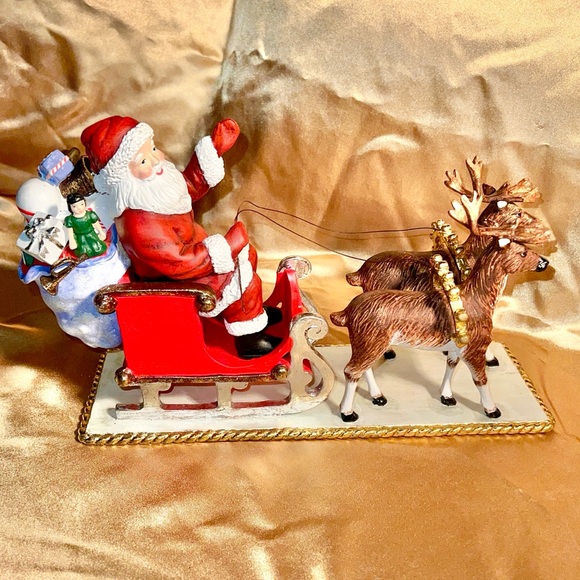 Santa in Sleigh with Two Reindeer and Toy Bag, on Stand, Vintage, Shoebox Size - Picture 2 of 7